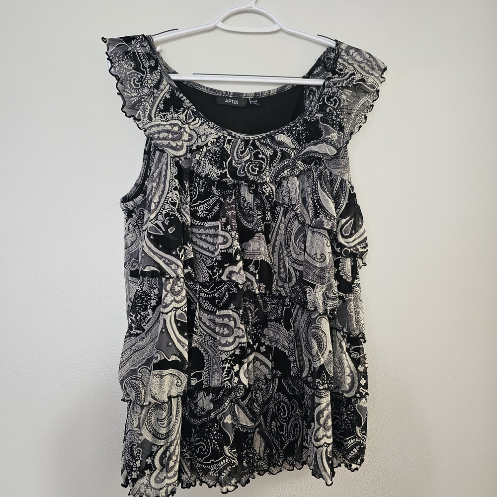 APT 9 Black White Paisley Sleeveless Top Paisley Boho Y2K Lettuce Hem Large